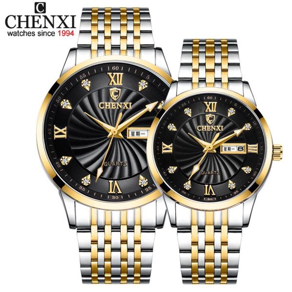 

chenxi new couple watches women or men watches quartz date week clock wristwatches female waterproof montre femme, Slivery;brown