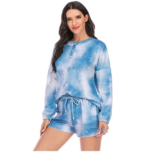 

2 piece tie-dye set women's long sleeve t-shirt loose pants suit drawstring high waist shorts suit two piece set tra #z, Gray