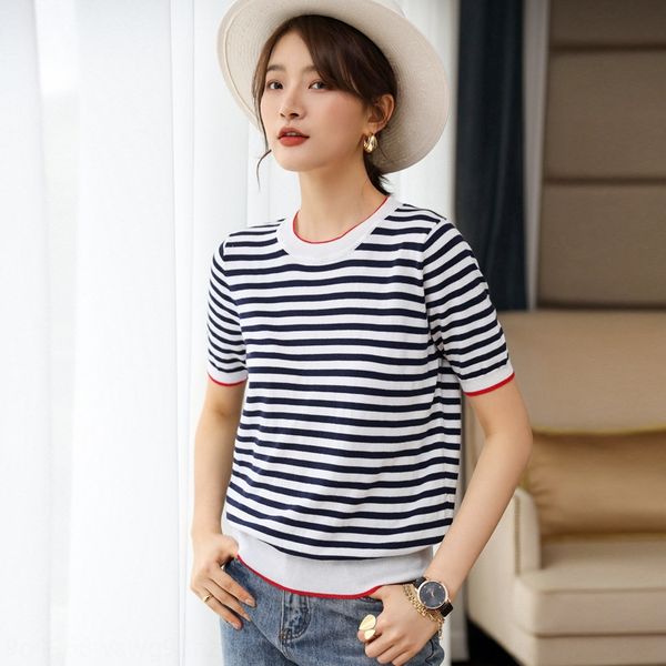 

yz88r summer striped knitted short-sleeved t- thin loose round neck t- cotton shirt women's cotton french niche sea spirit shirt ins fa, White