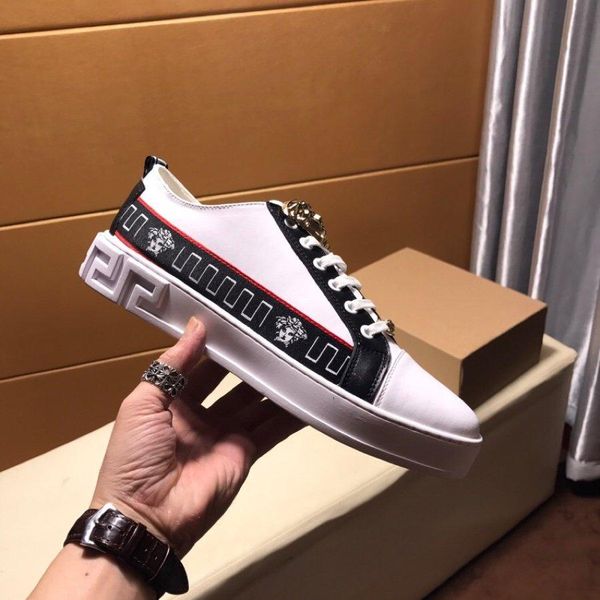 

2020p high-end medusa embroidery and color matching men's leather casual low-sneakers, large size fashion lace-up sneakers, size: 3, Black