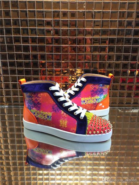 

limit print red bottom high cut gold spikes studs red graffiti genuine leather brand shoes lovers sneaker luxury trainers for men women size, Black