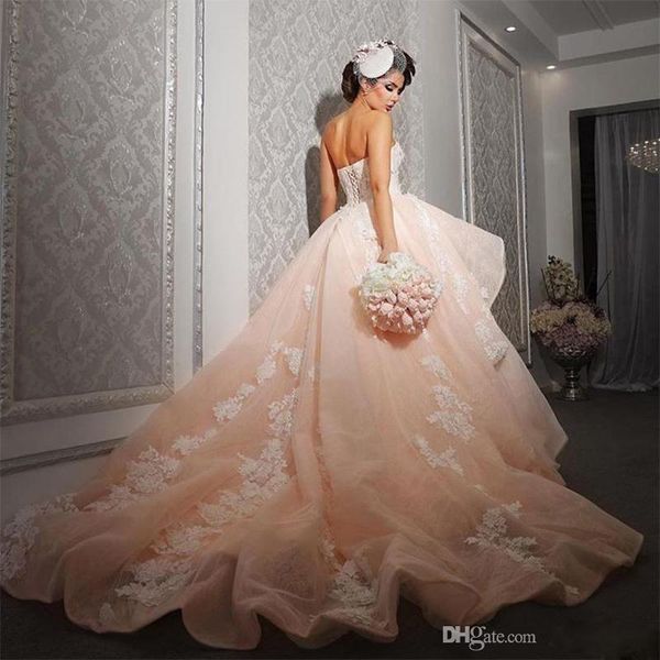 

peach pink arabic wedding dresses sweetheart applique ruffles dubai lace ball gown wedding bridal gowns luxury, White