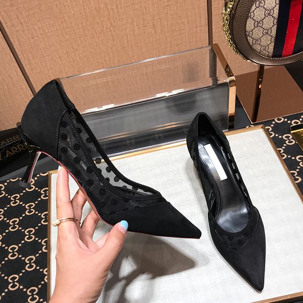 

spring new style mesh lace polka dot all-match high heels, Black