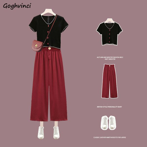

women sets elegant simple leisure womens 2 piece sets fashion knitted summer ulzzang crop high waist basic wide-leg trouser, Gray