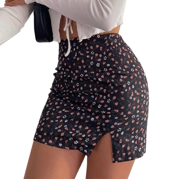 

fashion high-waisted skirt female floral printed package hip skirt slim split hide zipper sweet chic mini a-line, Black