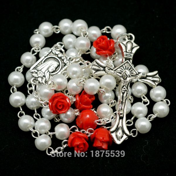 

fashion white glass pearl red rose father bead rosary with fatima or madonna centerpieces, Silver
