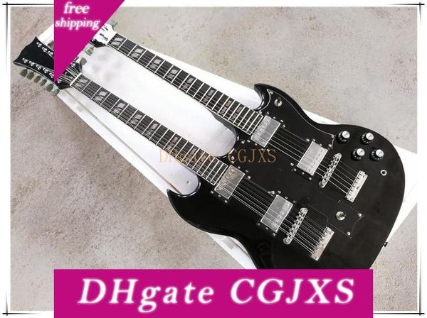 

фабрика пользовательские 12 6 строки double neck black электрогитара, черная накладка, палисандр накладка, предложение индивидуальной
