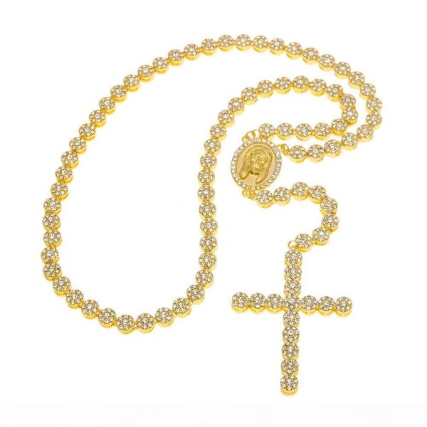 

мужчины женщины hip hop jewelry два тона сплава шариков длинная цепь подвеска розария ожерелье крест католический, Silver