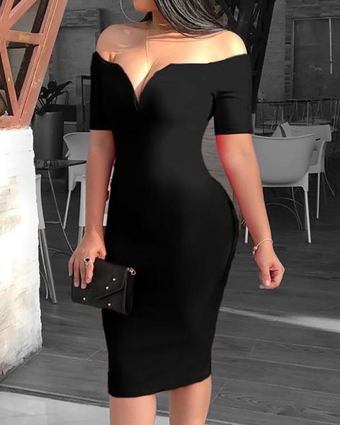

2020 female deep v neck off shoulder bodycon dress women short sleeve solid sheath midi dress, Black;gray