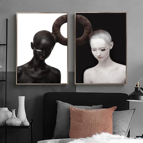 

2pcs nordic черный и белый девушка wall art холст картина стены искусства для гостиной home decor (без рамки
