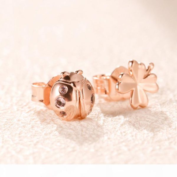 

розовое золото покрыло clover ladybird стад серьги оригинальной коробку для пандоров стерлингового серебра 925 милых маленьких наборов серьг, Golden;silver