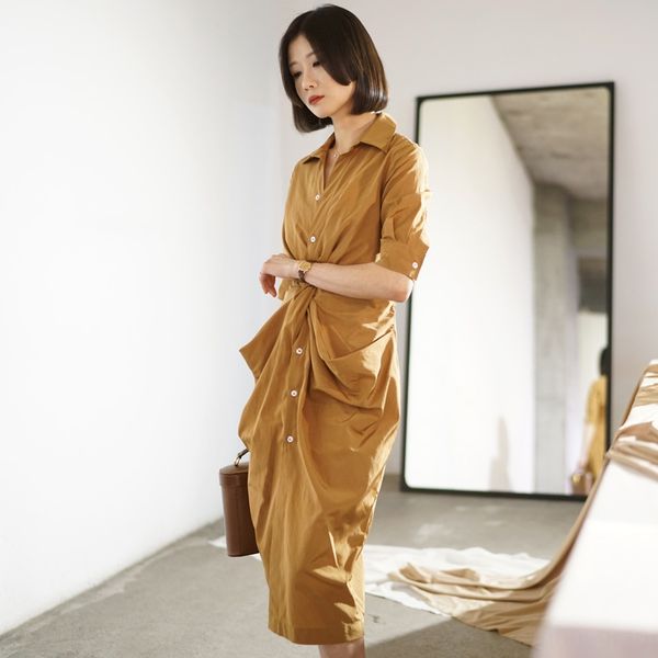 

huo5p design 2019 лето новый сплошной цвет поворот средней длины обрезаны рукава дизайн 2019 лето новое платье сплошной цвет поворот средней, Black;gray