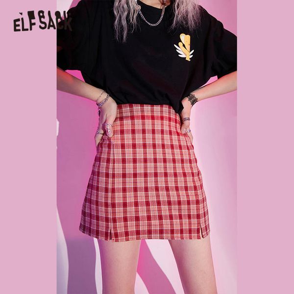 

elfsack red plaid british high wasit casual women preppy mini skirts 2020 summer vintage blue a line korean ladies daily bottoms, Black