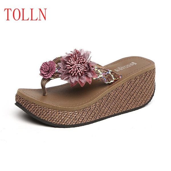 

new high heel slipper women's summer bohemian non-slip flip-flops women's platform beach shoes cute slippers womens slippers, Black