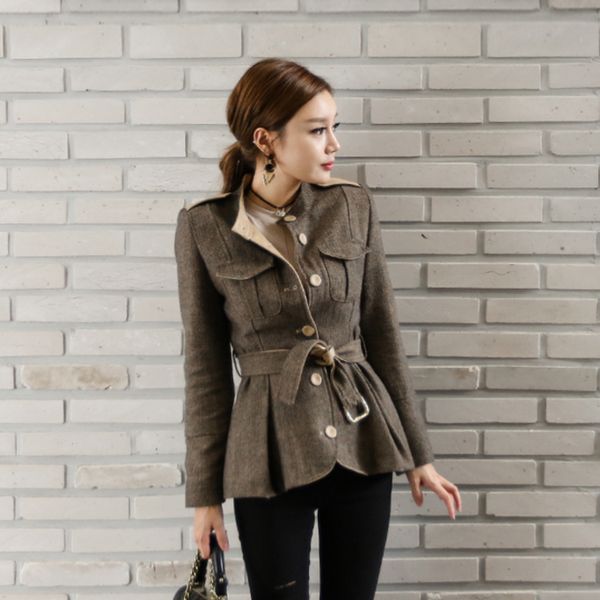 

2020 женская мода осень зима базовая куртка шерстяное пальто тонкий женщины шерстяное пальто верхняя одежда blazer пояса wj138, Black