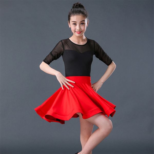 

girl latin dance dress for kid competition latin dance dress for girls middle sleeve ballroom set kid dancing costumes suit, Black;red