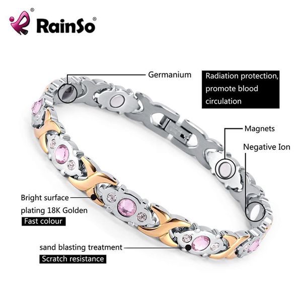 

rainso women bracelet stainless steel crystal gem germanium bracelets health energy 2019 fashion popular charm jewelry for lady, Golden;silver