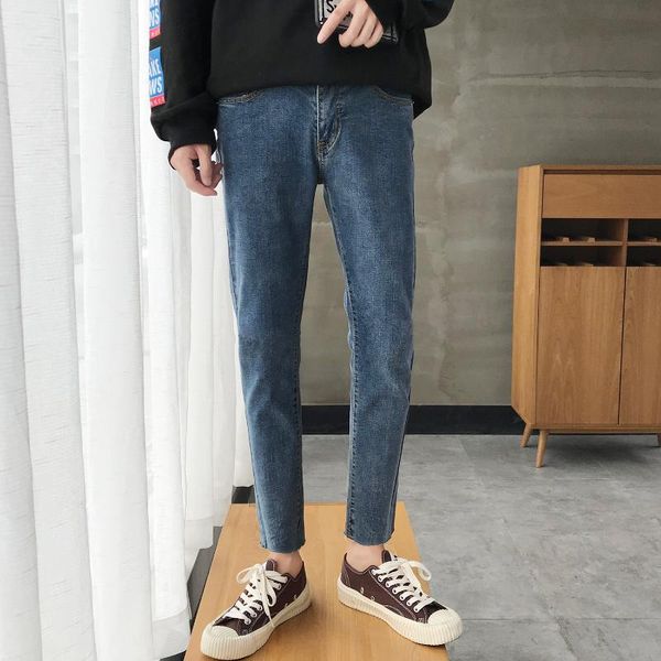 

2020 japanese style men's spring solid color stretch slim fit classic skinny jeans blue casual pants biker denim trousers