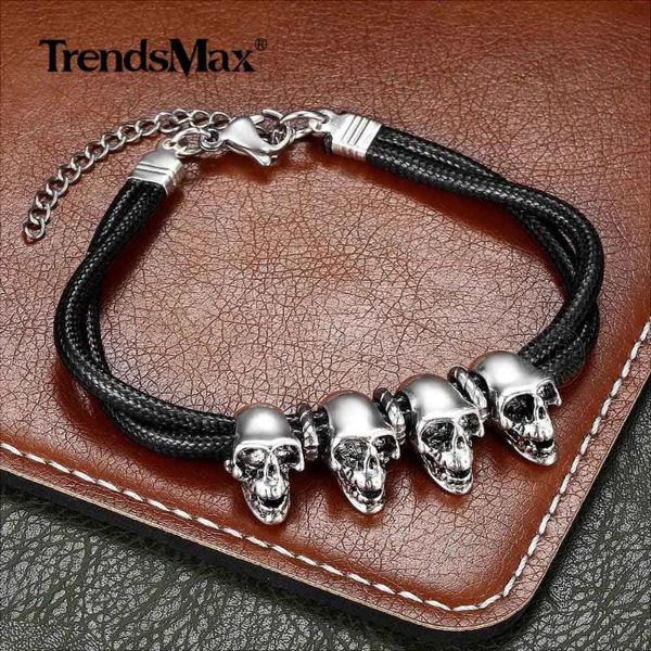 

new fashion 3mm skull leather bracelet for men boys stainless steel double braided rock cool male jewelry punk pulseira dlb179, Black