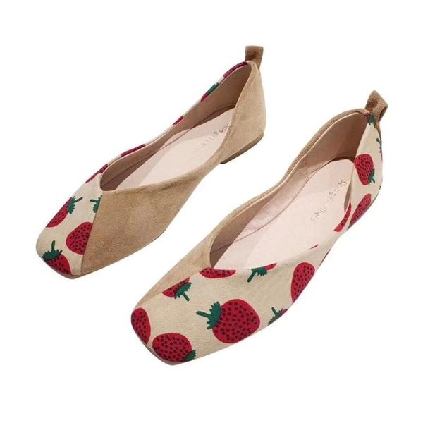

basic sweet fruit flats soft flock shoes square head shallow printing pineapple strawberry pregnant women casual slip-on shoes, Black