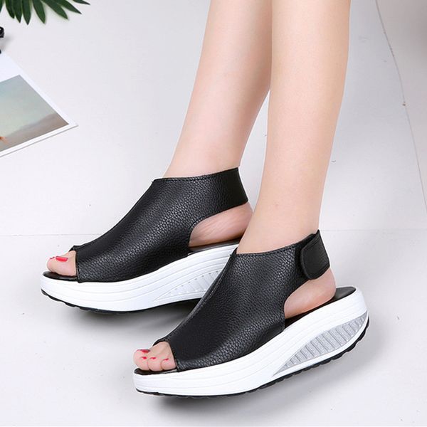 

women's sandals 2020 leather platform summer sandals for women peep toe gladiator sandal woman beach shoes wedges ladies sandal, Black