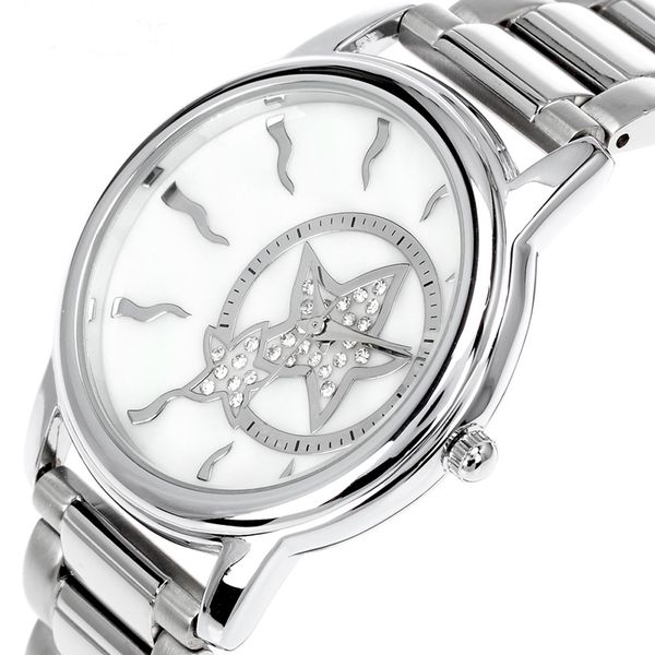 

45% off round case brass watch for women white and gold trendy star dial crystal copper watches, Slivery;brown