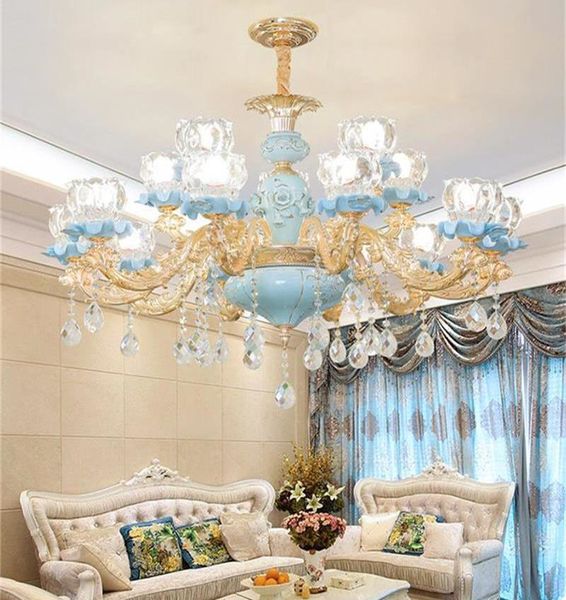 

european style crystal chandelier living room lamp zinc alloy led household blue ceramic net red ceiling lights bedroom pendant lamp