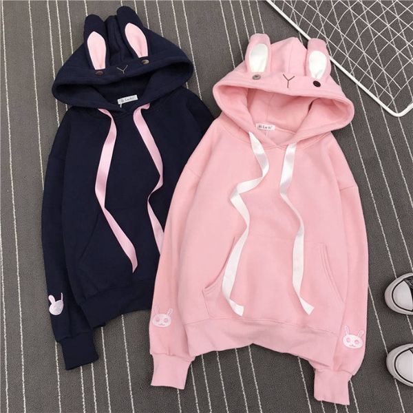 

2019 fall/winter korean style new sweet pink rabbit ear thickened all-match fashion hooded sweater for women pullover tu pullover, Black