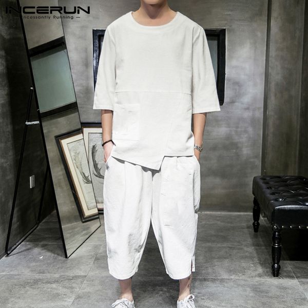 

incerun men vintage suits half sleeve round neck blouse elastic waist pants 2 pieces man casual loose solid color baggy sets 5xl, Gray