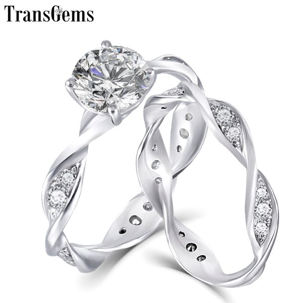 

transgems solid 14k white gold engagement bridal set center 1ct 6.5mm excellent vvs f color moissanite ring set for women gift y200620, Slivery;golden