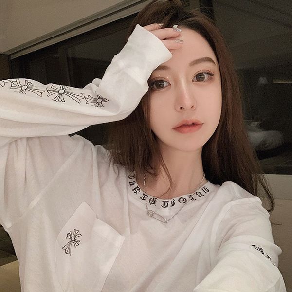 

qumta 2020 белое солнце доказательство с длинными рукавами корейский стиль t-рубашка женская рыхлый тонкий верхний свитер футболки свитер ин, Black