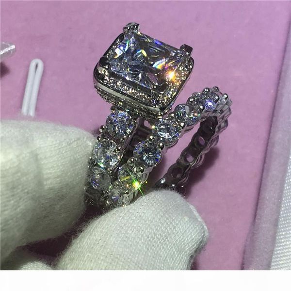 

2017 luxury jewelry female 925 sterling silver ring set 5a zircon cz stone engagement wedding band rings for women bridal, Slivery;golden