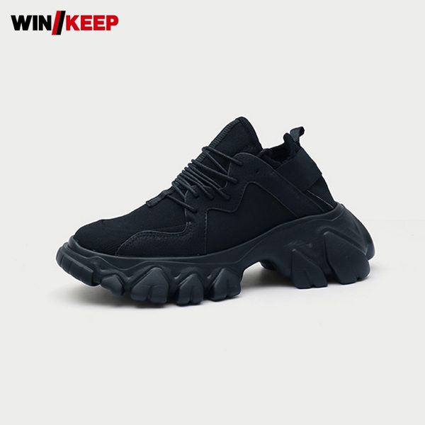 

women outdoor thick platform sports shoes lace up height increasing joggers running shoes fitness female sneakers antiskid khaki