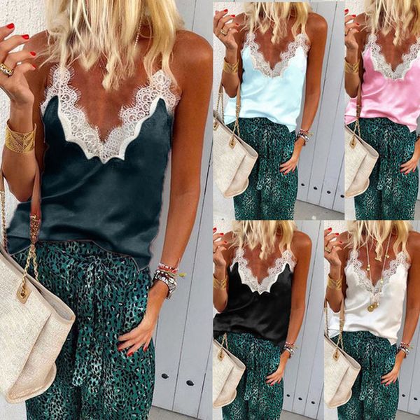 

deep v neck silk tank 2020 women lace up patchwork elegant white black casual party vest sleeveless camis