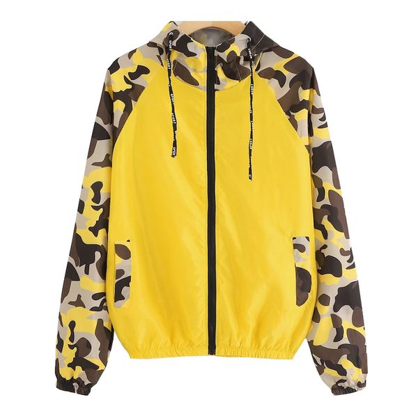 

spring camouflage patchwork women jacket hooded thin coat female long sleeve jackets casual pink black blue yellow windbreaker, Black;brown