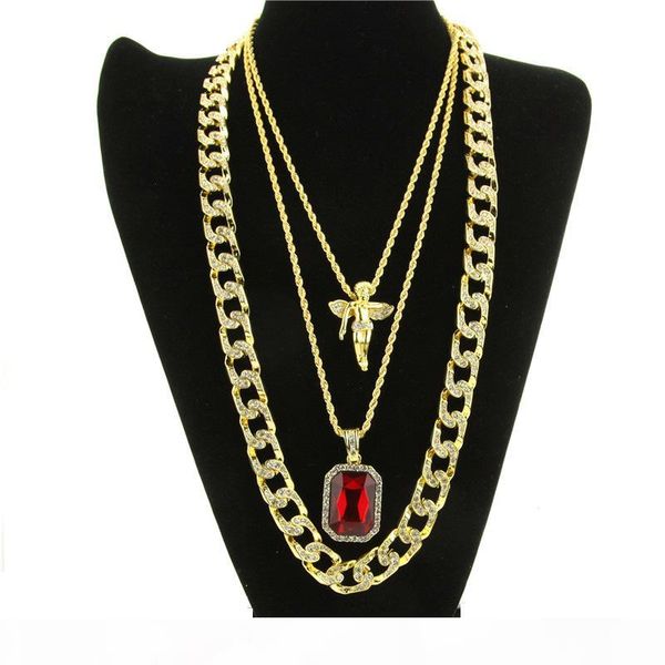 

mens hip hop iced out red ruby angel pendant necklace cuba link chain jewelry set 3pcs lot fashion jewelry gift wholesale, Silver