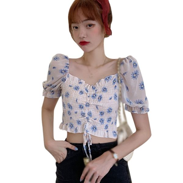 

women square collar chiffon shirt korean style fashion small floral sweet style pleated ladies 2020, White