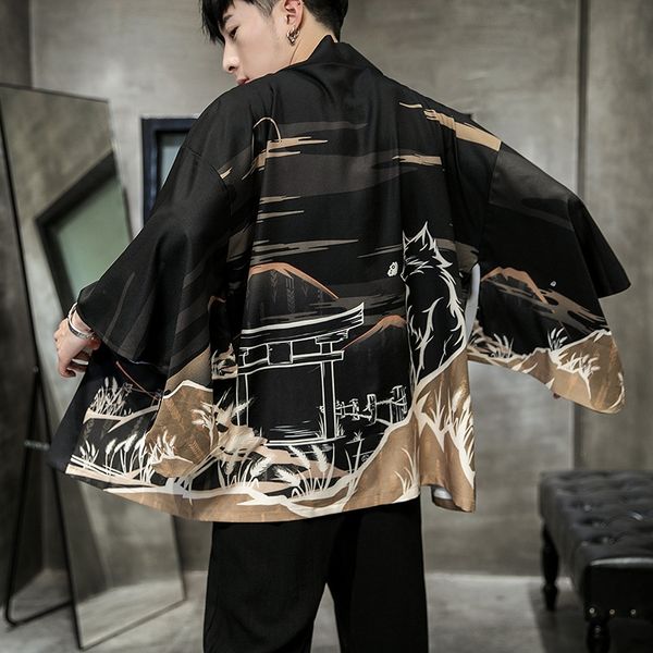 

3oauf 2019 new chinese style moonlight lotus ink dragon cardigan men's 2019 new chinese style moonlight lotus ink dragon cloak kimono k, Tan;black