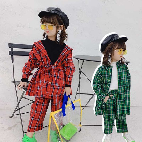 

spring autumn girls 2 pcs set baby blouse + pants kids suit children fashion streetwear plaid check vintage lacing 3 to 9 yrs, White
