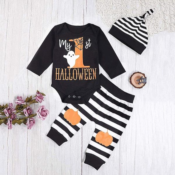 

newborn infant baby boys girls long sleeve halloween catoon letter printed romper +stripe pants hat outfits set costume#p4, White