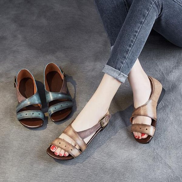 

women's sandals summer shoes matching color waxed cowhide gladiator sandals women open toe beach shoes female footwear, Black