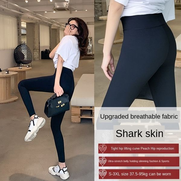 

hnjep 2020 new shark skin leggings high waist outer wear large size seamless pressure tight pants tight pantsthin leg liquid yoga ninth pant, Black
