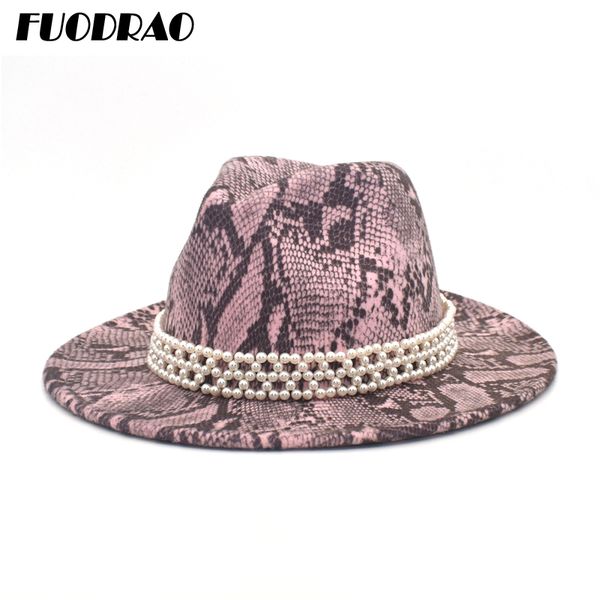 

fuodrao classic ladies fedoras snake print fedora hat autumn and winter wool jazz hat british retro cowboy f89, Blue;gray