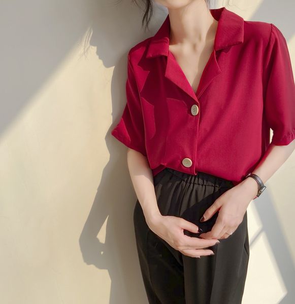 

корейский шик свободного v костюм воротник для женщин рубашек 2020 элегантного всего матч с коротким рукавом рубашки для женщин, White