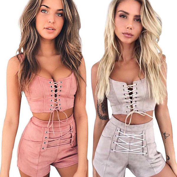 

knot back bodycon summer two piece set 2019 sleeveless backless vacation clothing fashion strap women tanks&shorts outfit, Gray