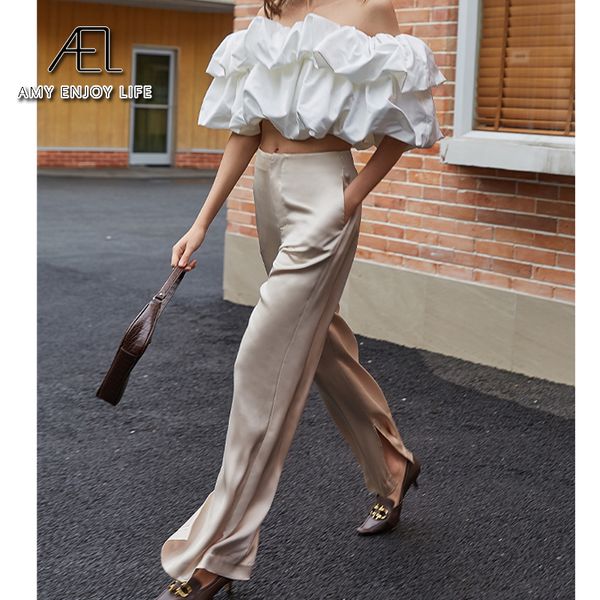 

ael summer wide leg pants for women trousers high waist satin wide pant 2020 casual apricot women summer pants formal woman, Black;white