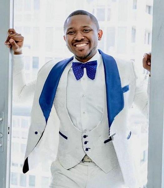 

excellent white jacquard men wedding tuxedos royal blue lapel groom tuxedos men business dinner prom blazer(jacket+pants+tie+vest) 670, Black;gray