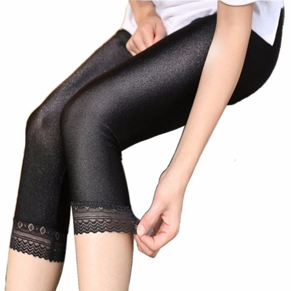 

2020 womens elastic high waist skinny capris knitted lengging pants solid black maiden capris with lace plus size s 5xl