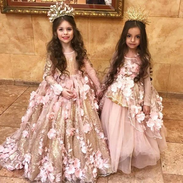 

princess flower girl dresses long sleeve 3d floral appliques gold shiny girls communion dress party gown, Red;yellow