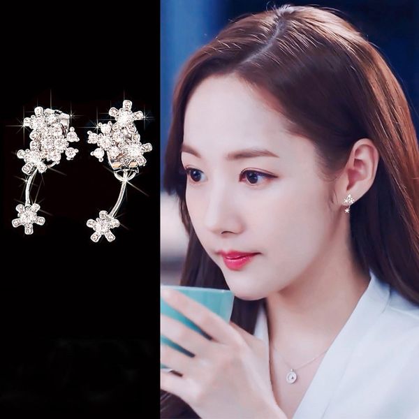 

korean tv star zircon cute flower stud earrings elegant fashion women shiny rhinestone pendientes japan jewelry gifts, Golden;silver